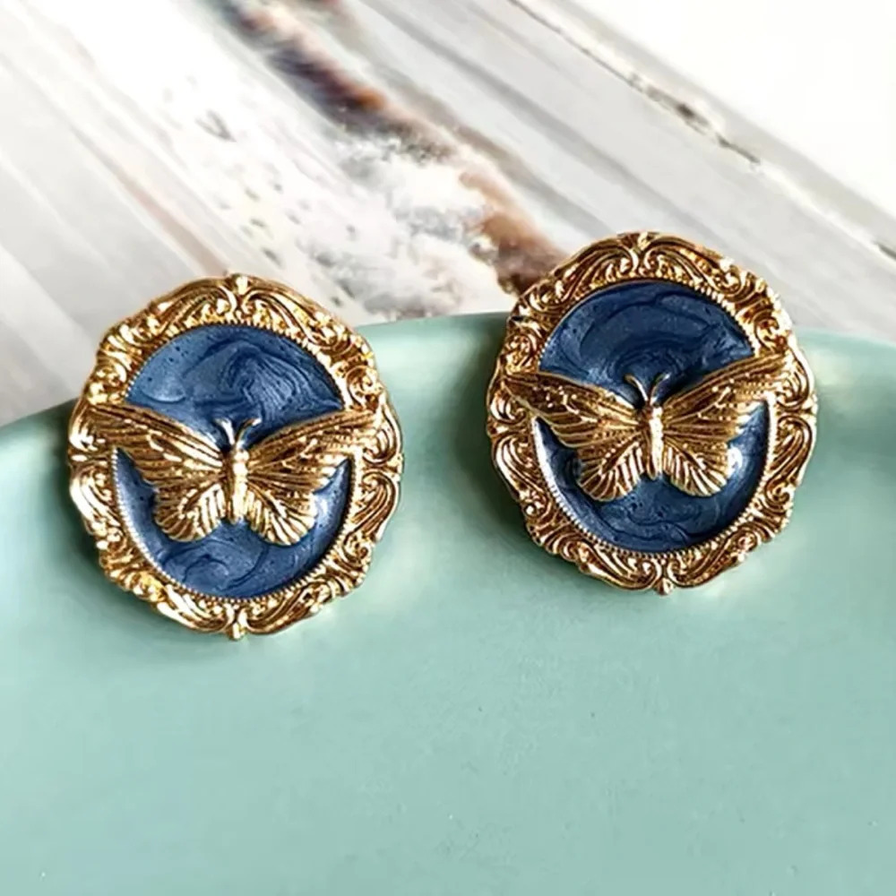 Vintage Blue Butterfly Gold Earrings - Picture 2 of 5